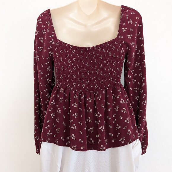 AEROPOSTALE Top Women's S Burgundy Floral Corset Babydoll Pullover Long Sleeve - Picture 6 of 16